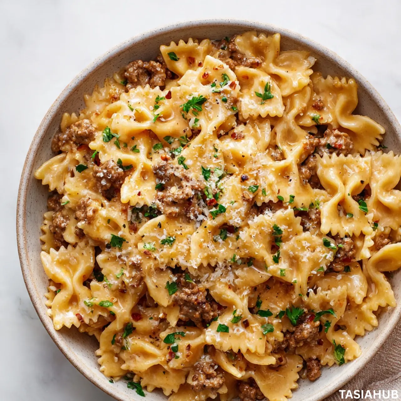 Creamy beef and bow tie pasta
