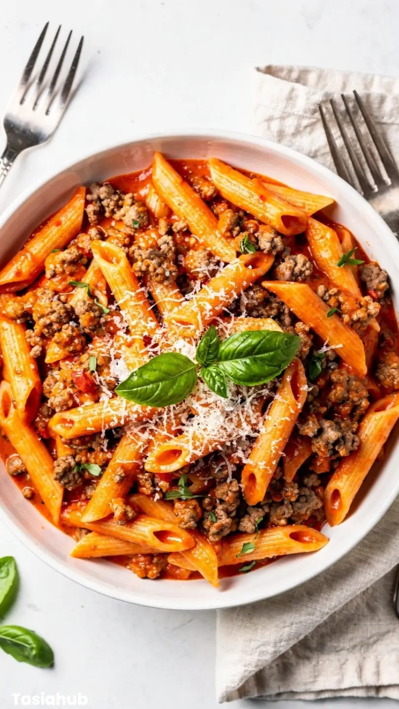 Creamy Tomato Ground Beef Pasta recipe