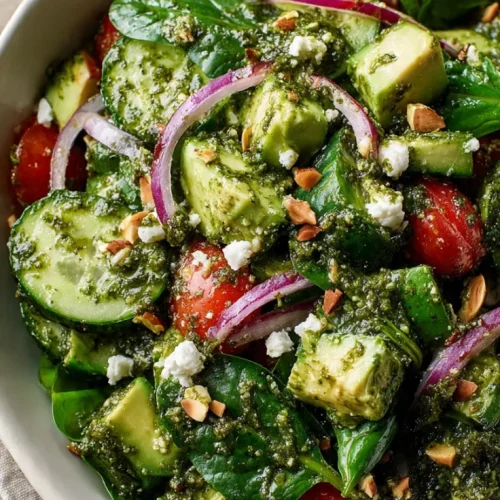 Tomato cucumber avocado salad with basil pesto