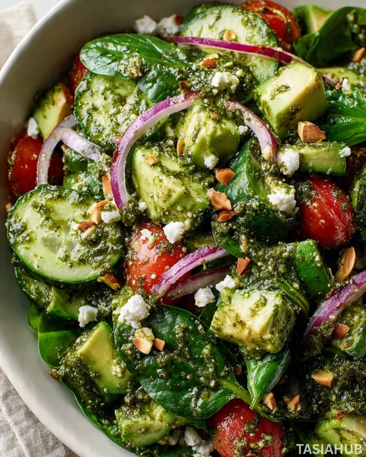 Tomato cucumber avocado salad with basil pesto