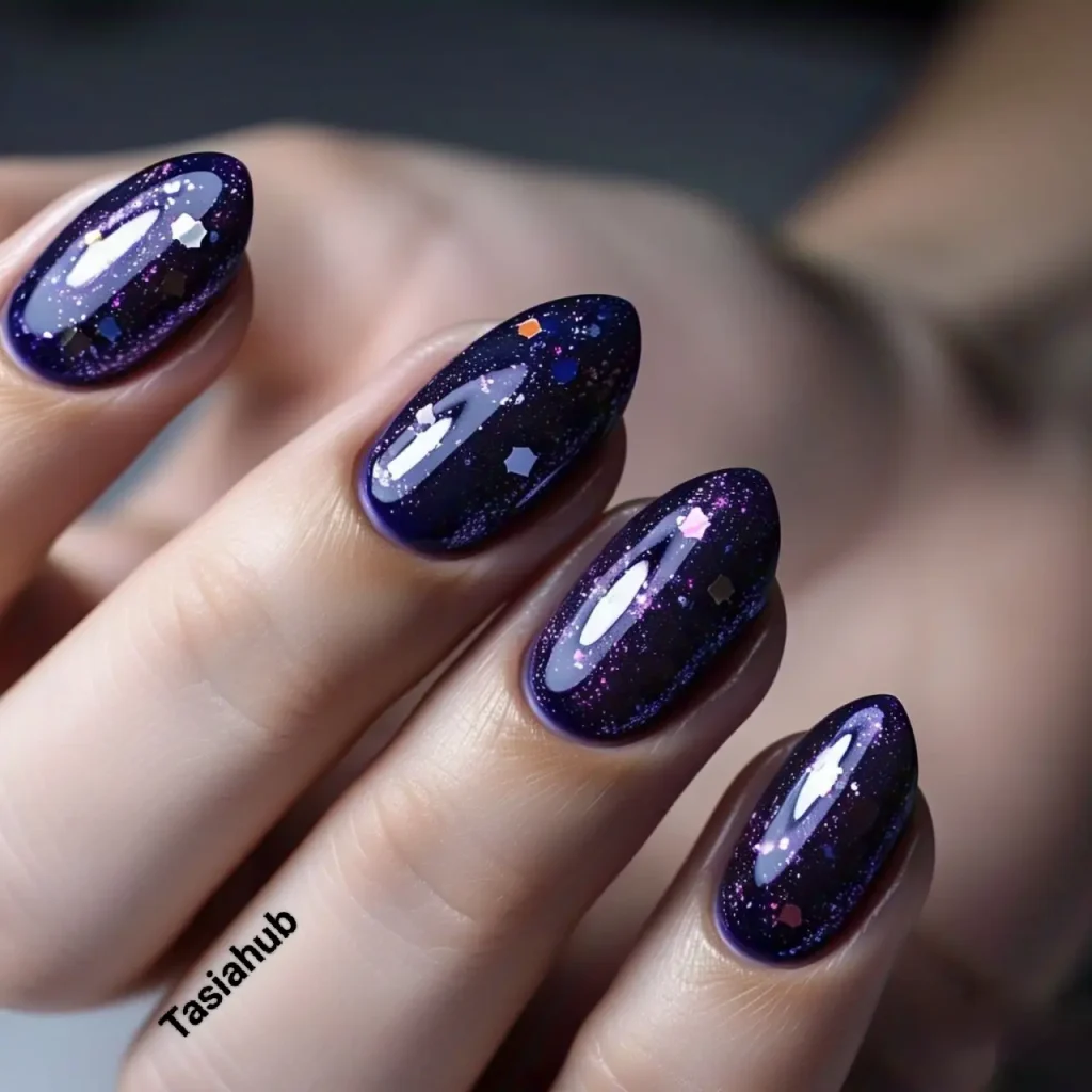 galaxy inspired almond nails