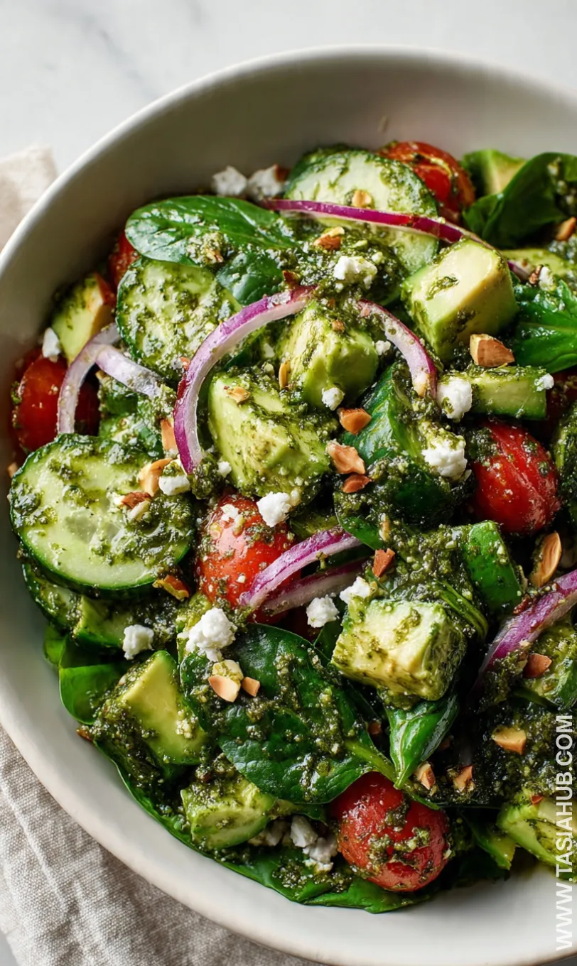 tomato cucumber avocado with basil pesto