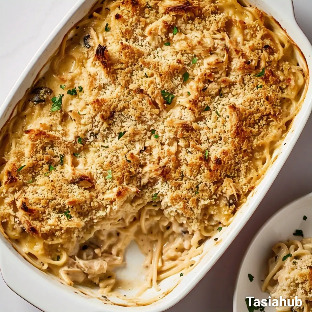 A baking dish of chicken tetrazzini