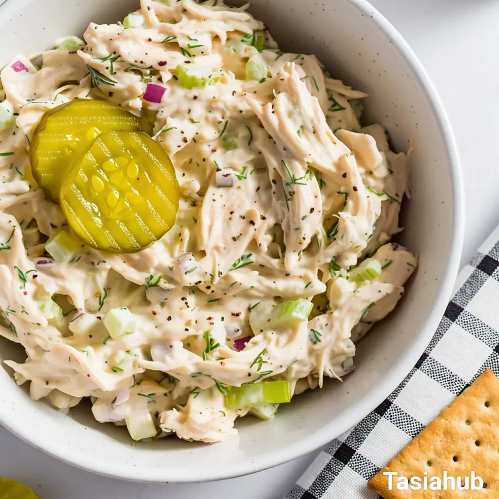 A bowl of dill pickle chicken salad