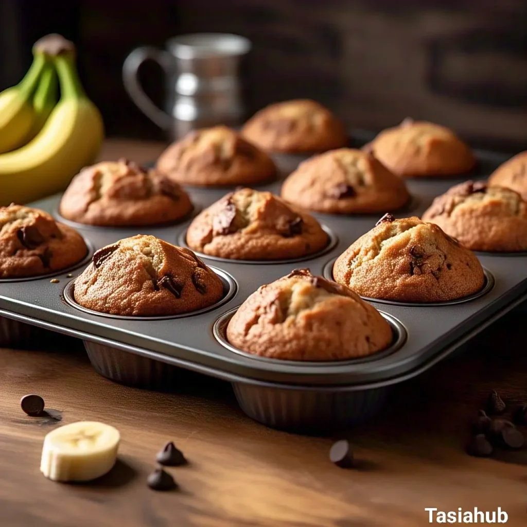 A muffin tin of baked banana muffin