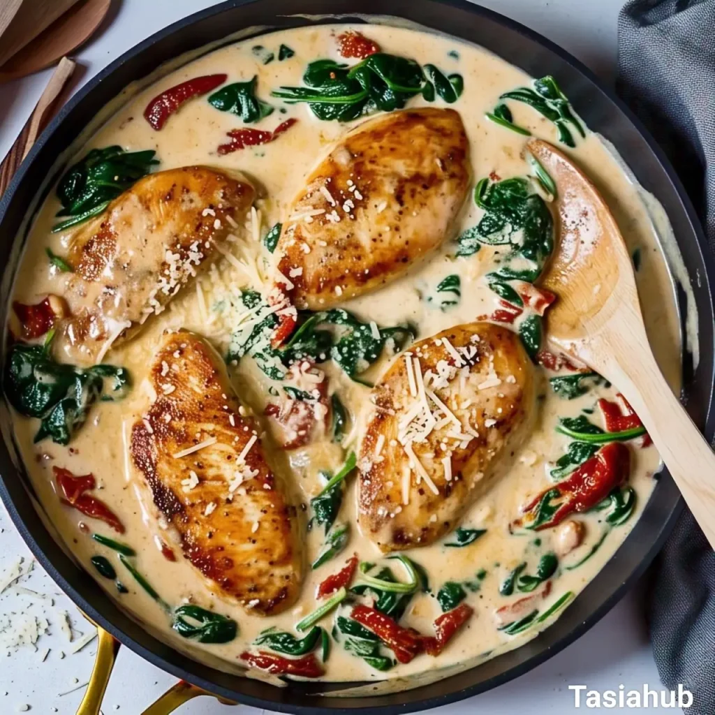 A skillet of creamy Tuscan chicken
