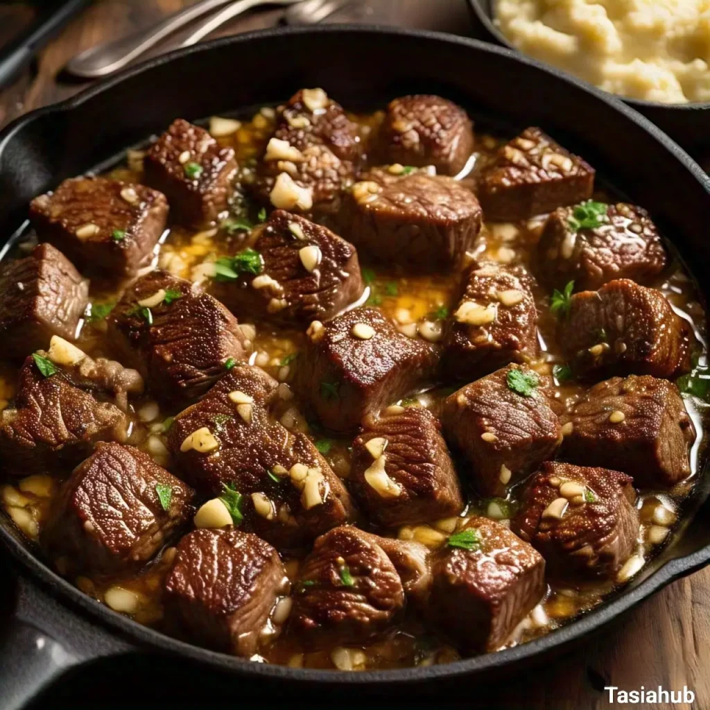 A skillet of garlic butter steak bites 1