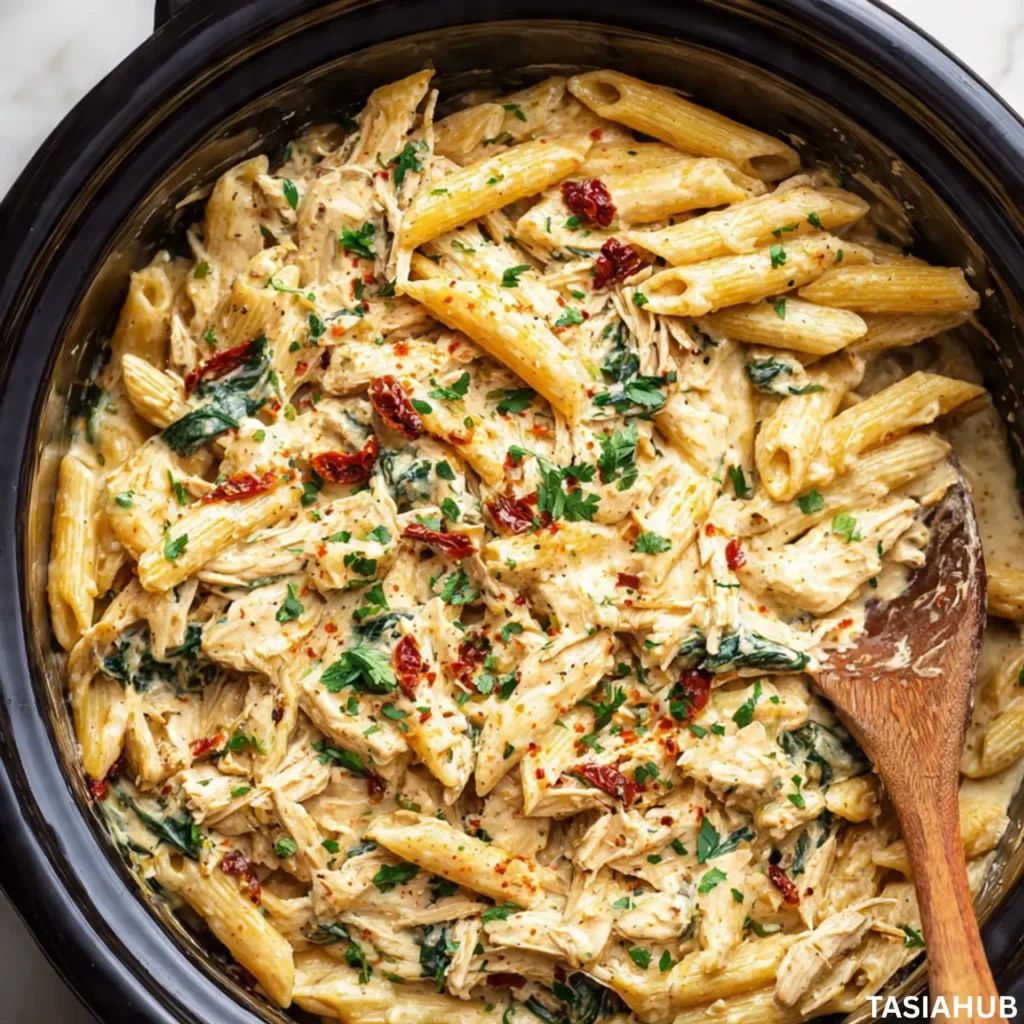 Crockpot Garlic Parmesan Chicken Pasta