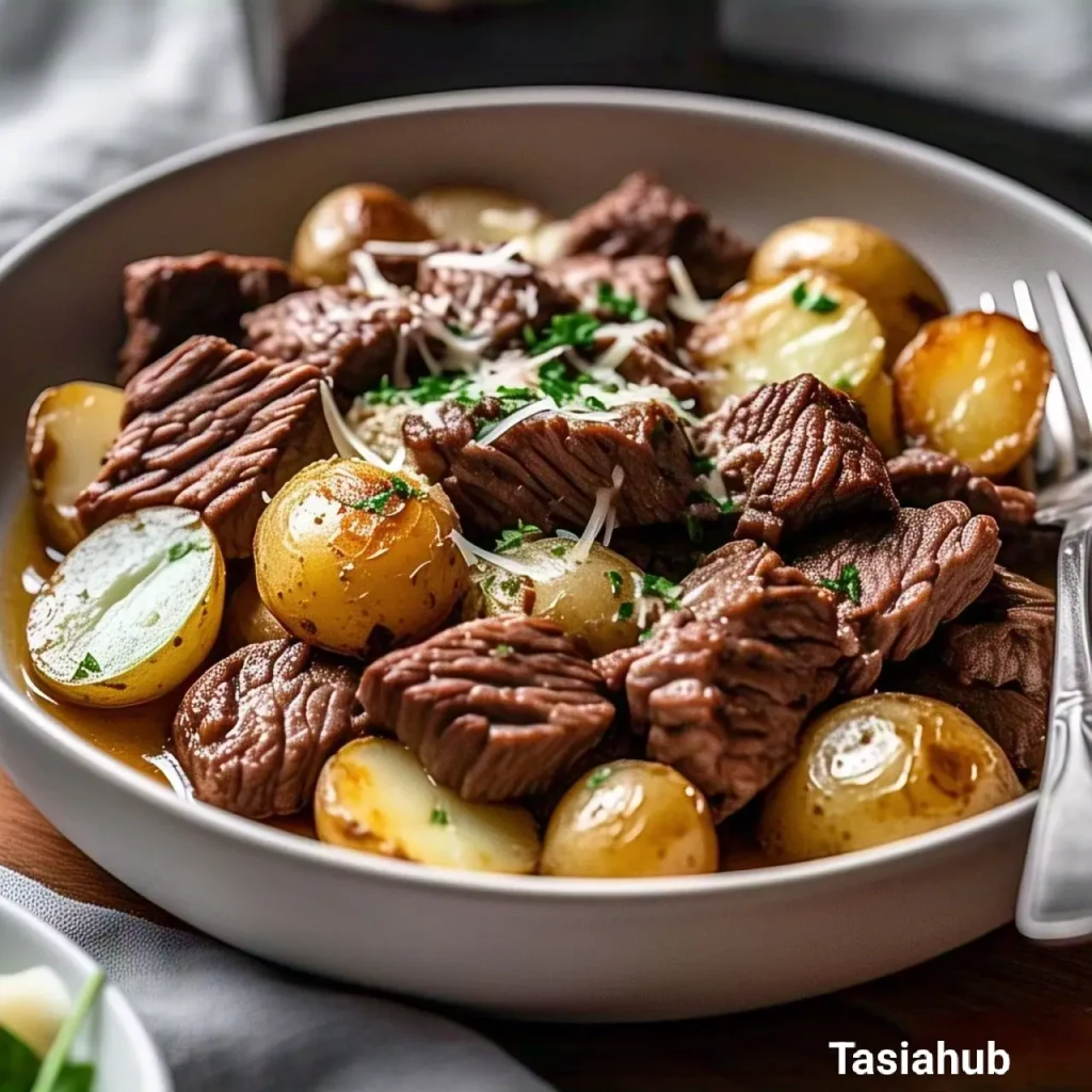 Slow cooker garlic butter beef bites and potatoes