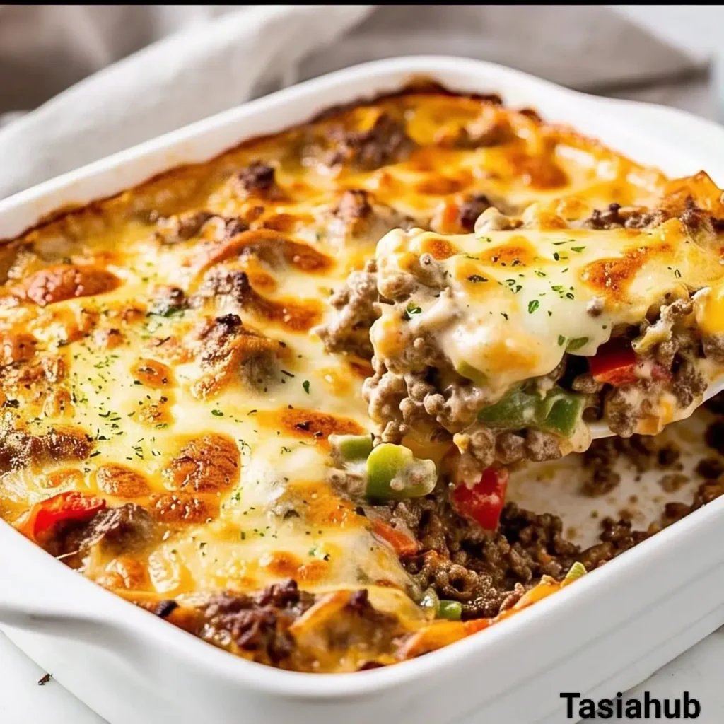 A baking dish of Philly cheesesteak casserole