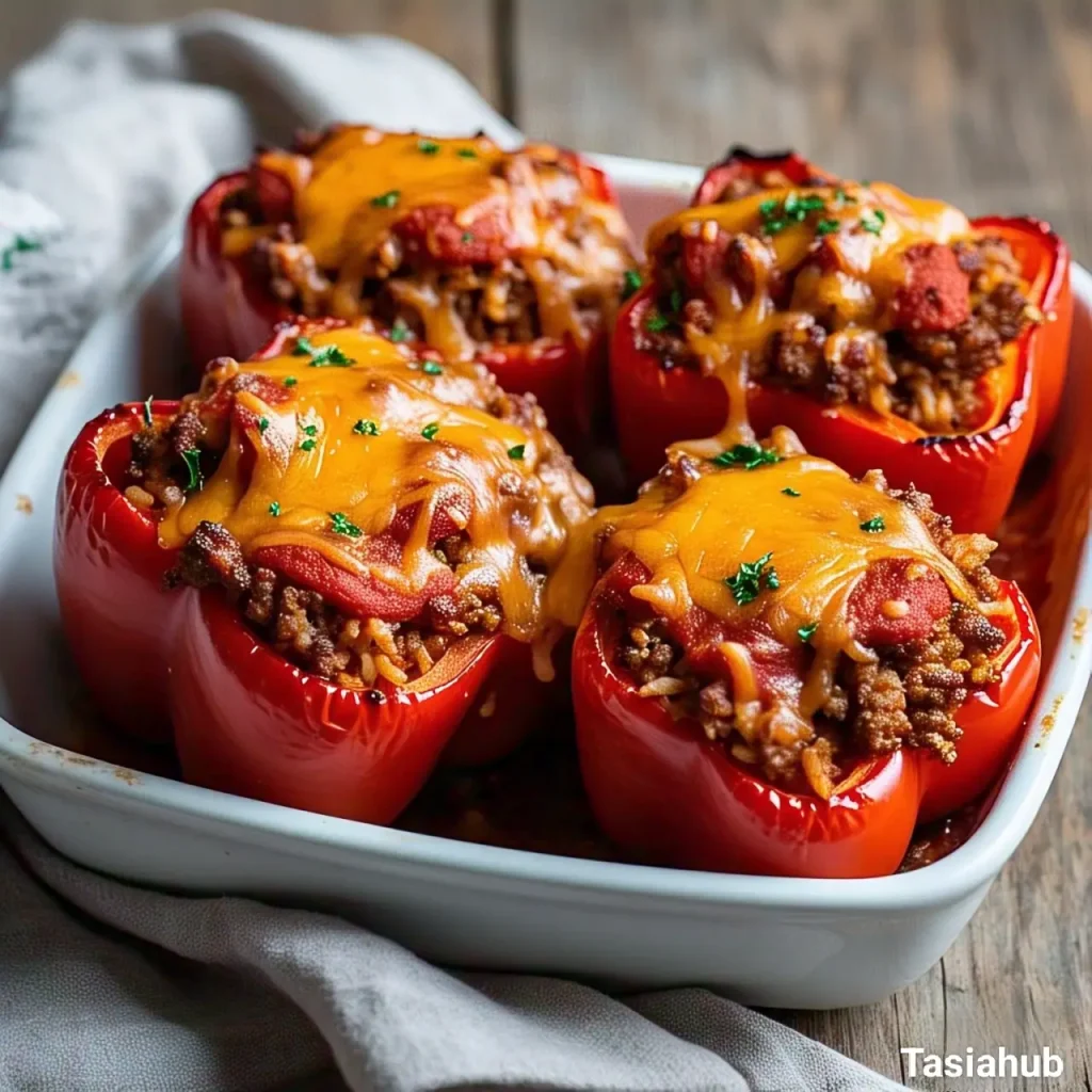 A baking dish of ground beef stuffed peppers
