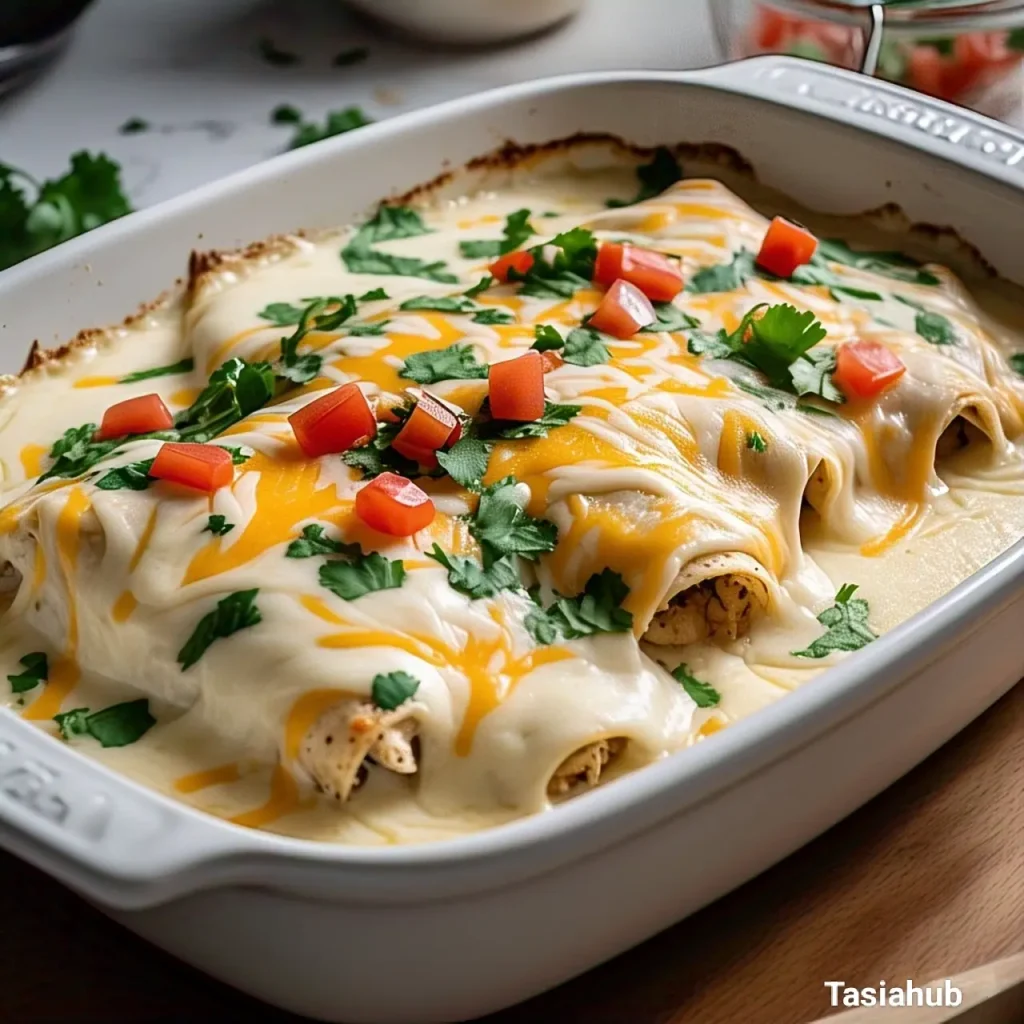A baking dish of sour cream enchiladas