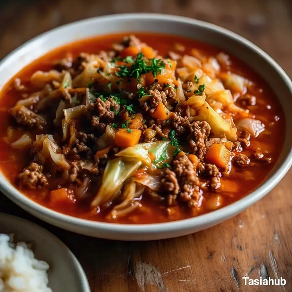 A bowl of cabbage stew with ground beef