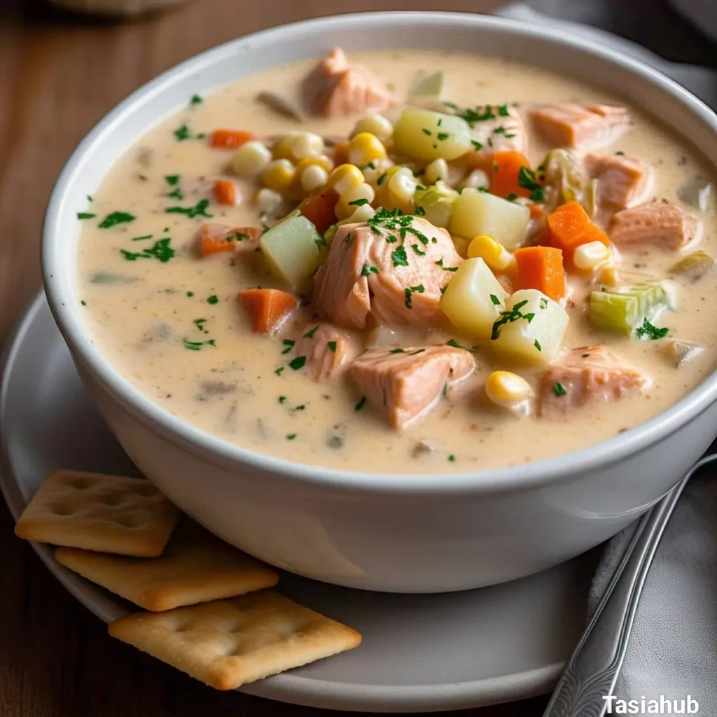A bowl of creamy chowder salmon