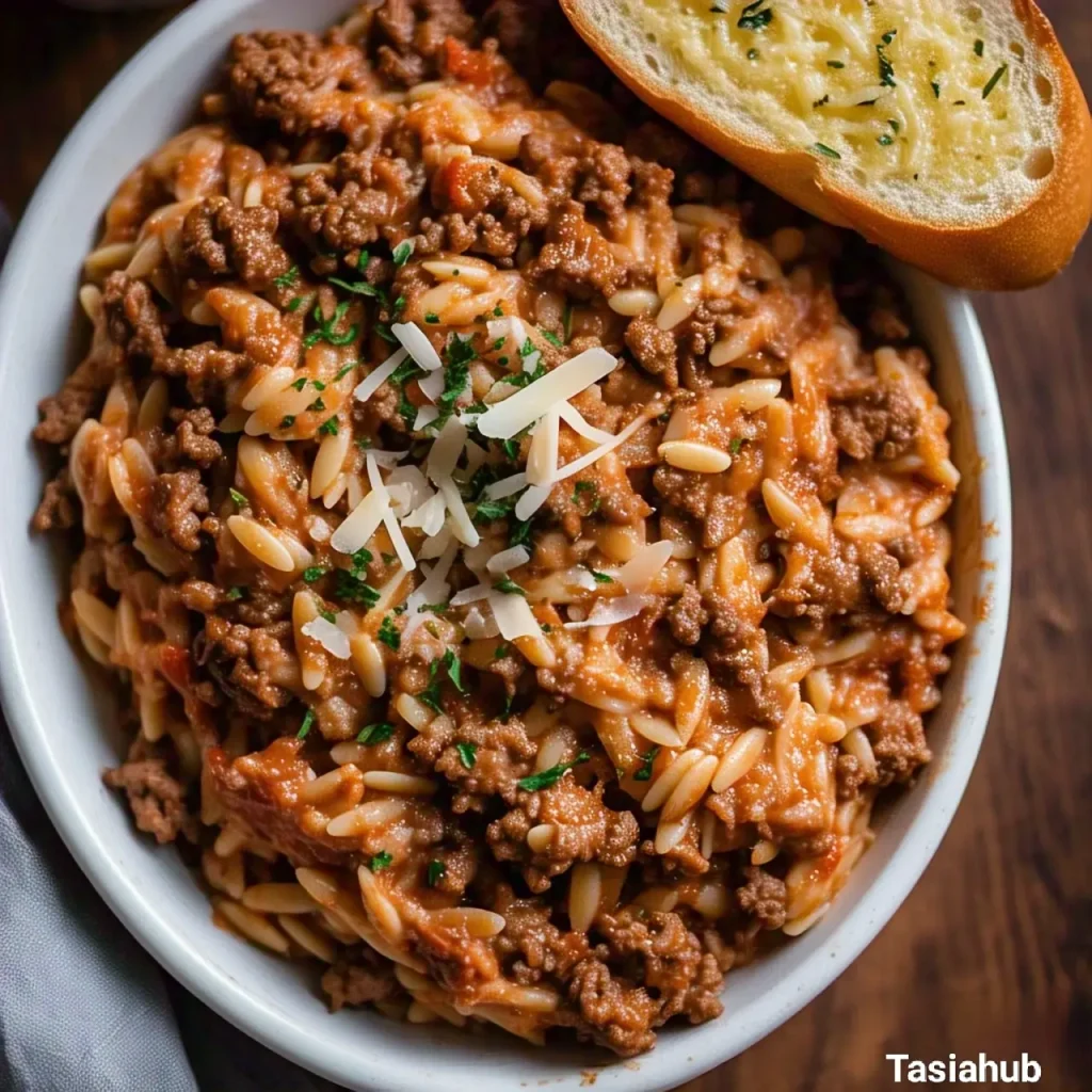 A bowl of ground beef orzo pasta