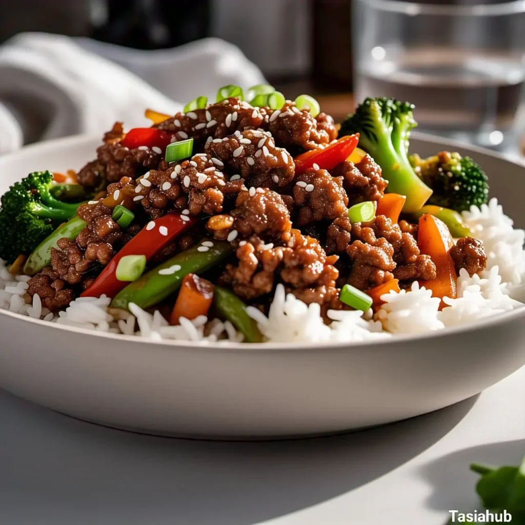 A bowl of ground beef stir fry served over rice