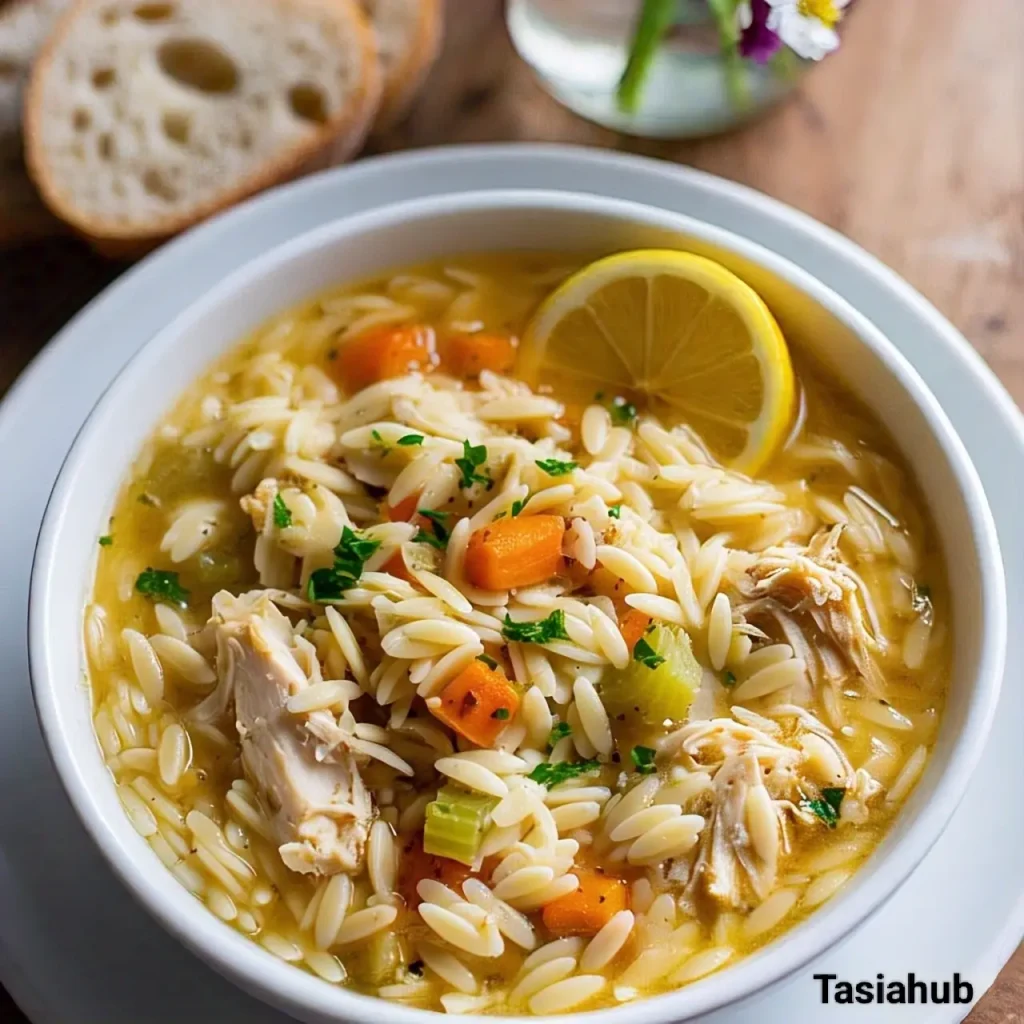 A bowl of lemon chicken orzo soup