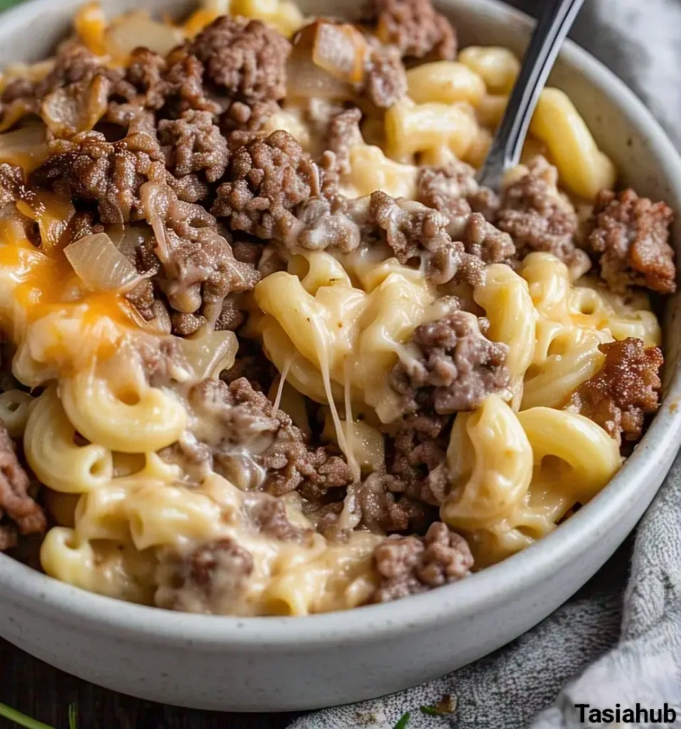 A bowl of mac and cheese with ground beef