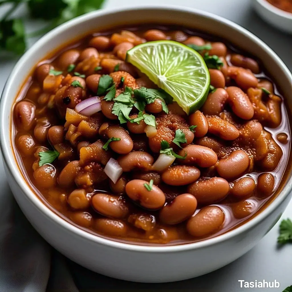 A bowl of pinto beans topped with lime and cil