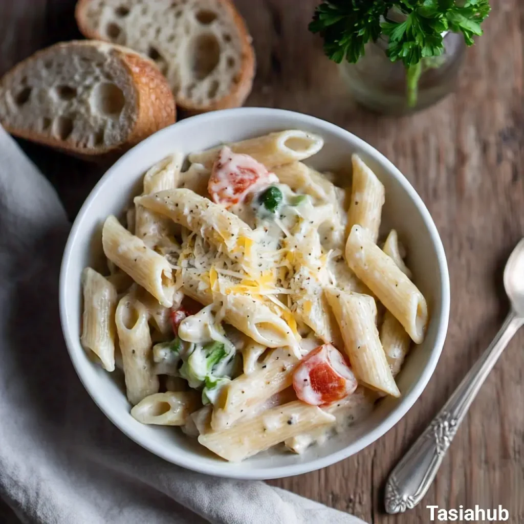 A bowl of white sauce pasta