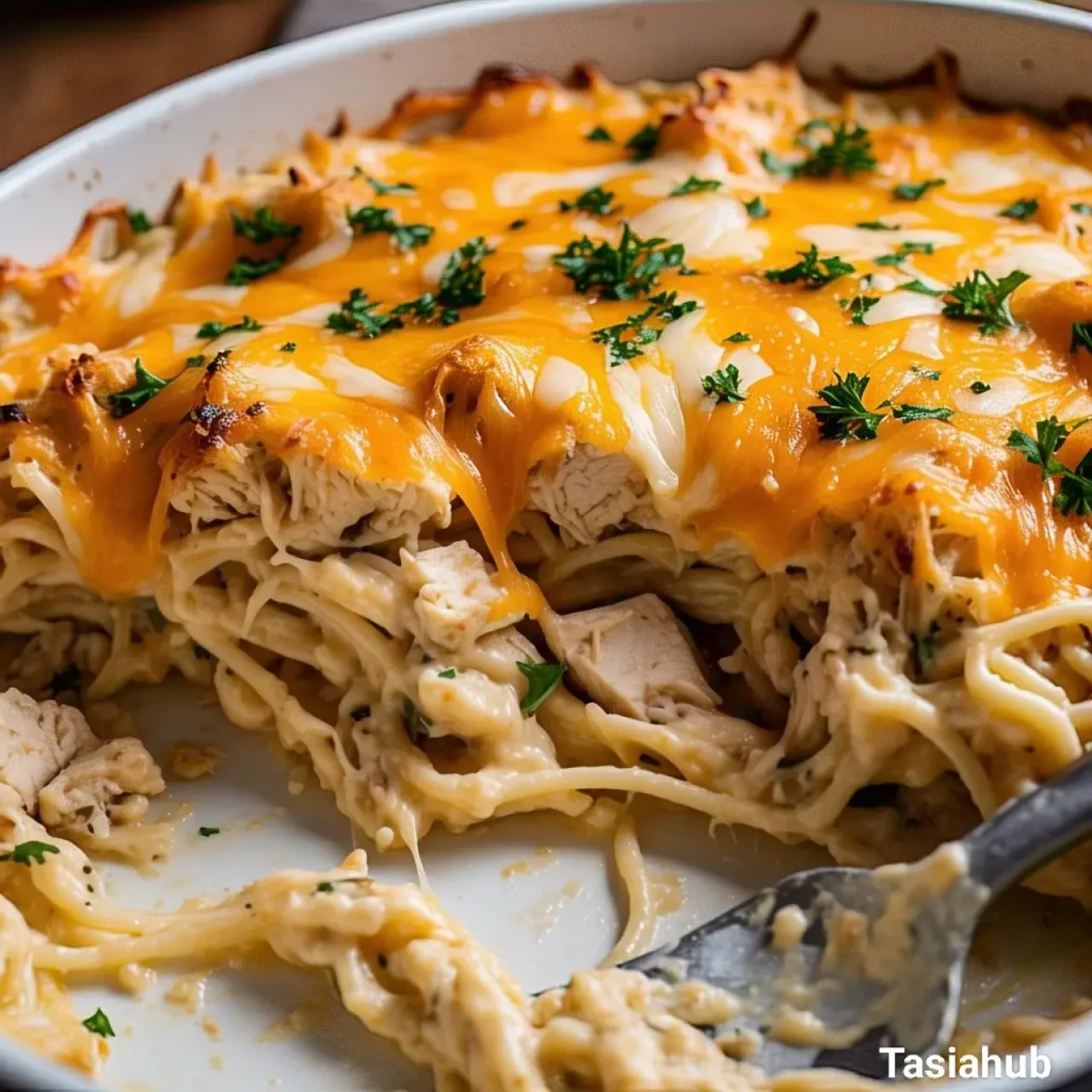 A casserole of creamy chicken spaghetti