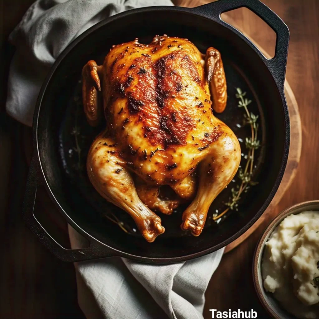 A cast iron skillet of rotisserie chicken