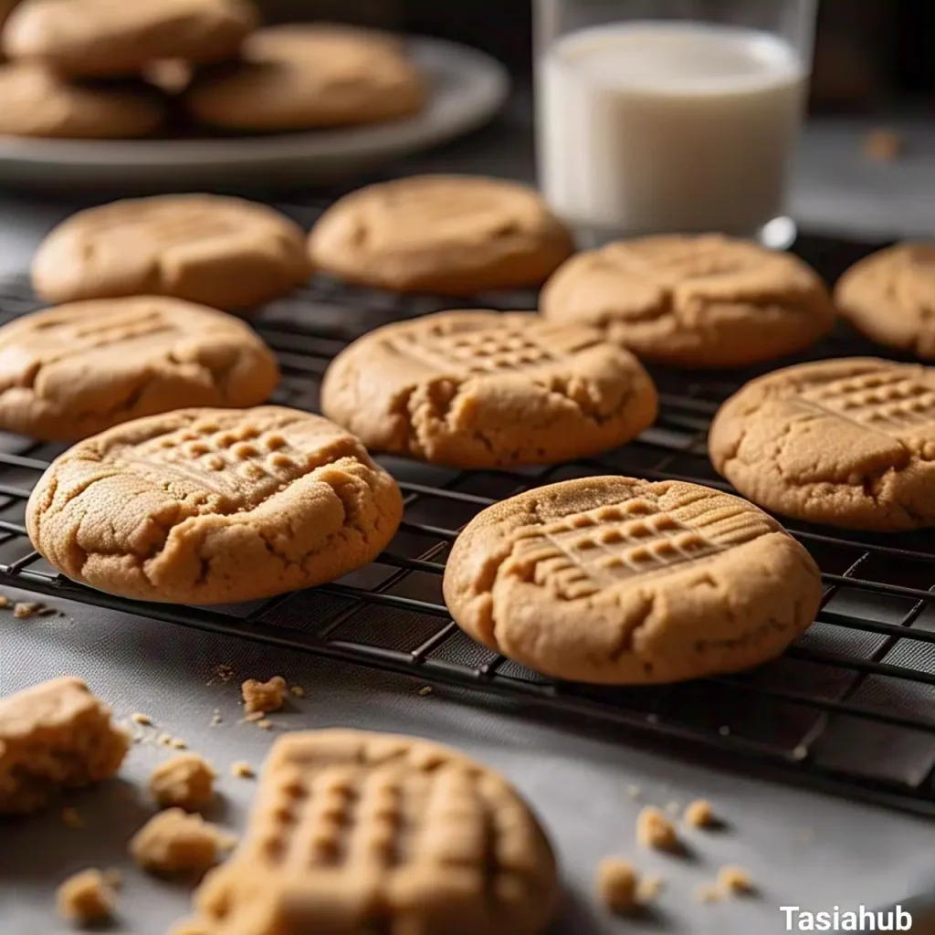A cooling rack of peanut butter cookies