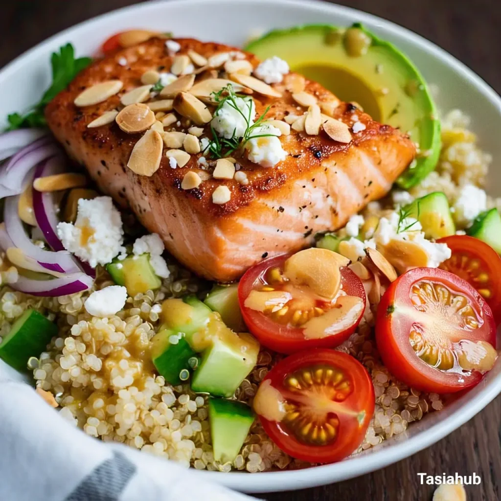 A dish of quinoa and salmon bowl