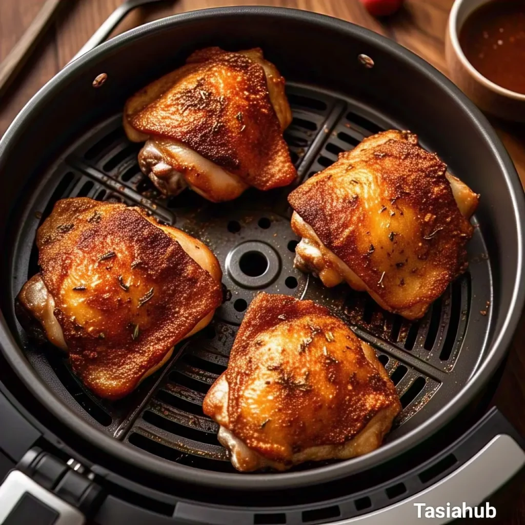 A photo of an air fryer with chicken thighs