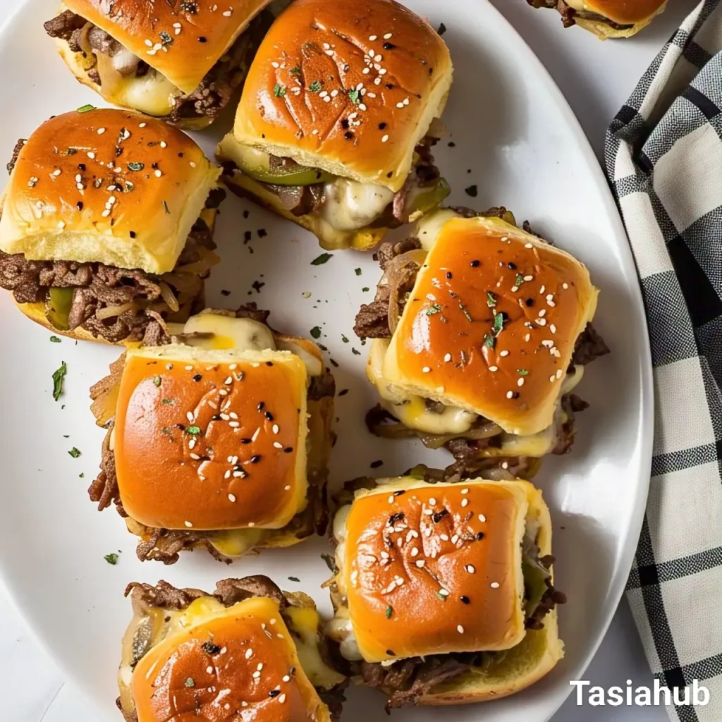 A plate of Philly cheesesteak sliders