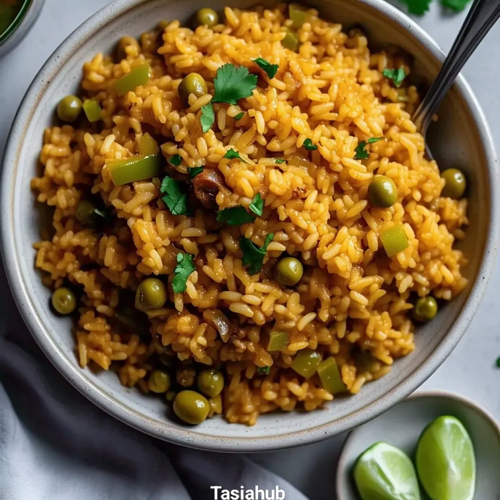 A plate of Puerto Rican rice served in a plate