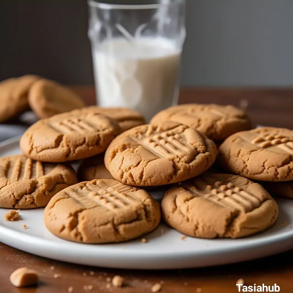 A plate of peanut butter cookies with milk