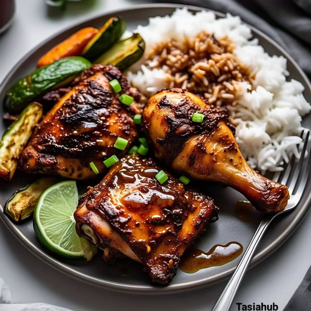 A plate of slow cooked jerk chicken alongside rice