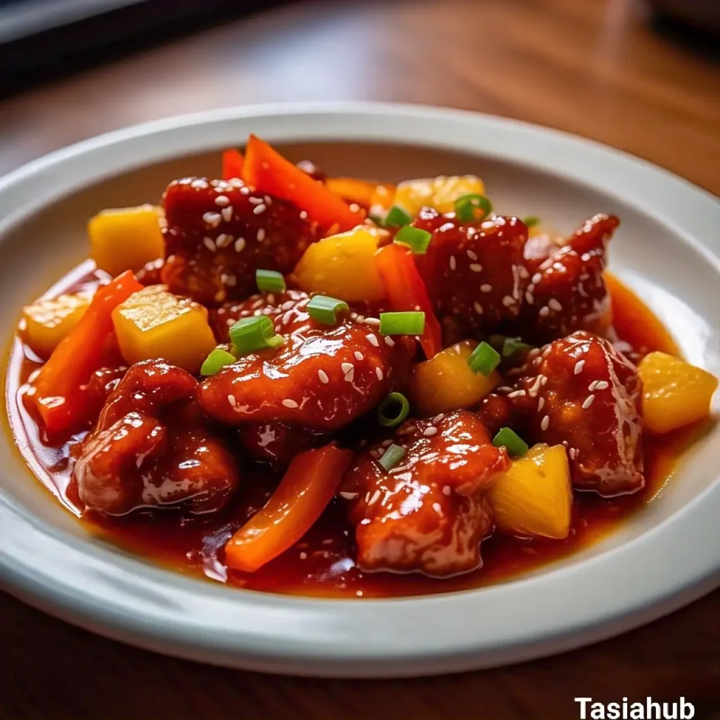 A plate of sweet and sour pork chops