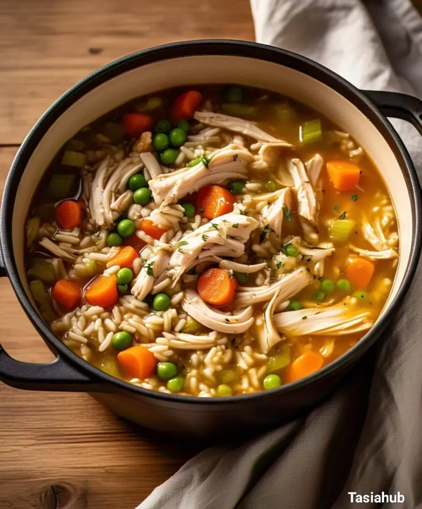 A pot of turkey soup and rice