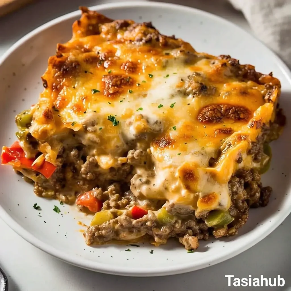 A serving of Philly cheesesteak casserole