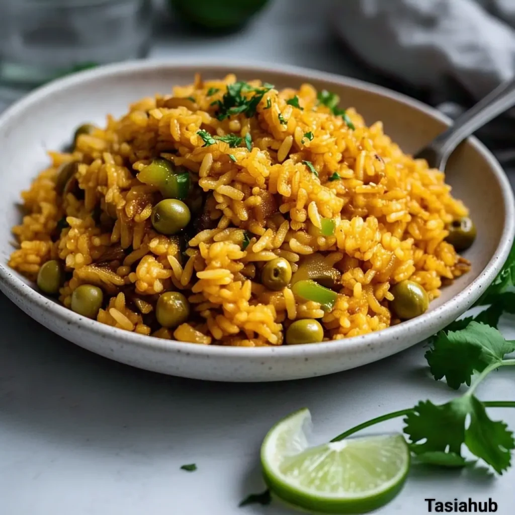 A serving of arroz con grandules on a table