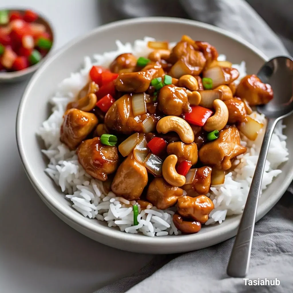 A serving of cashew chicken served over rice