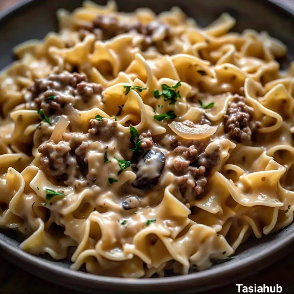 A serving of creamy ground beef stroganoff