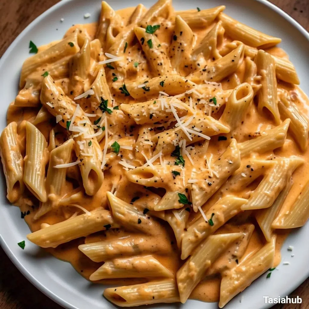 A serving of creamy vodka sauce pasta