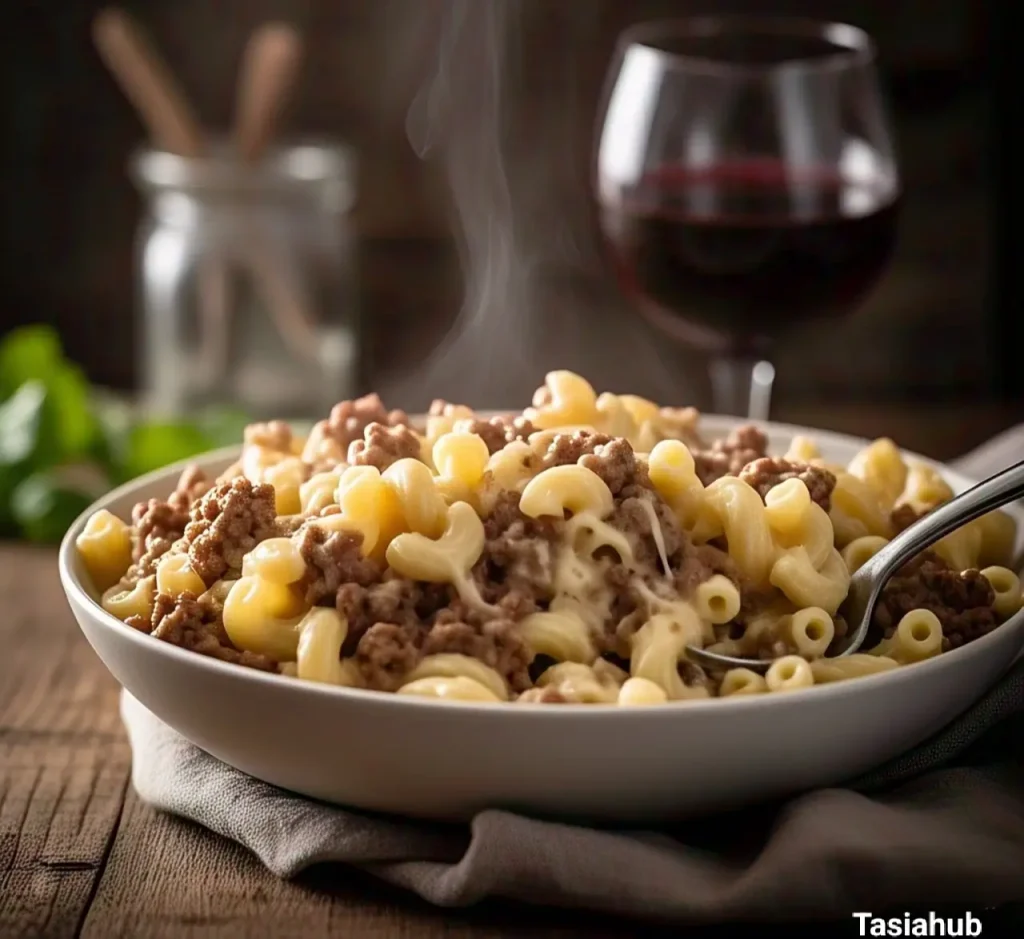 A serving of ground beef mac and cheese