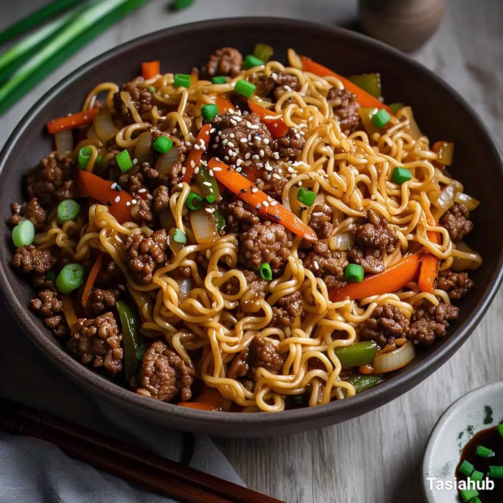 A serving of ground beef ramen
