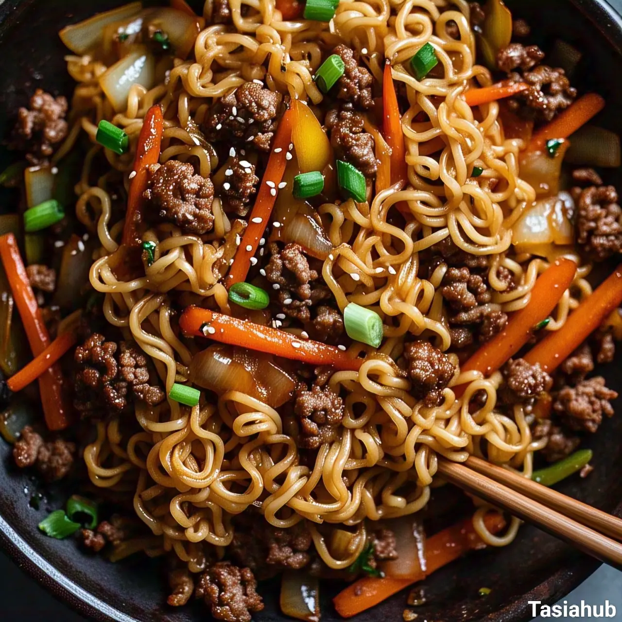 A serving of ground beef ramen noodles