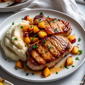 A serving of peach glazed pork chops