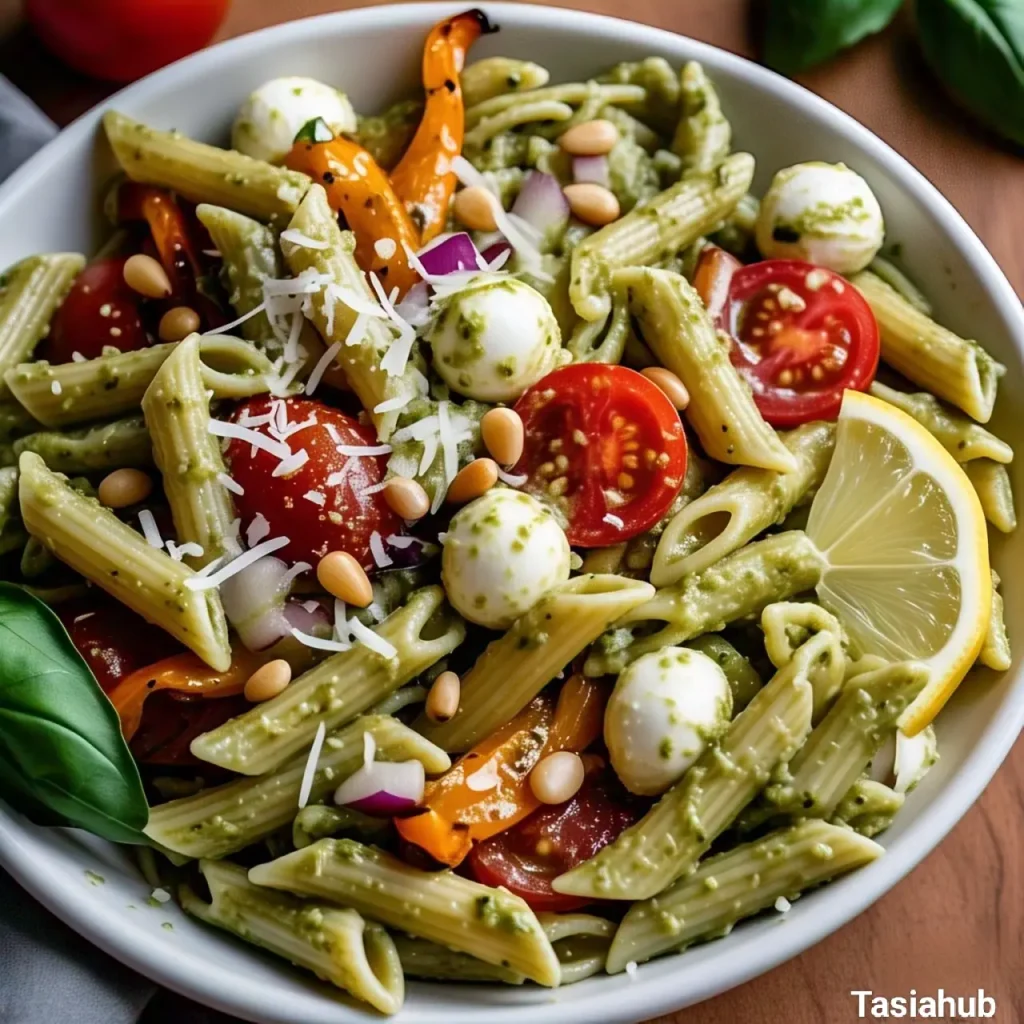 A serving of pesto pasta salad