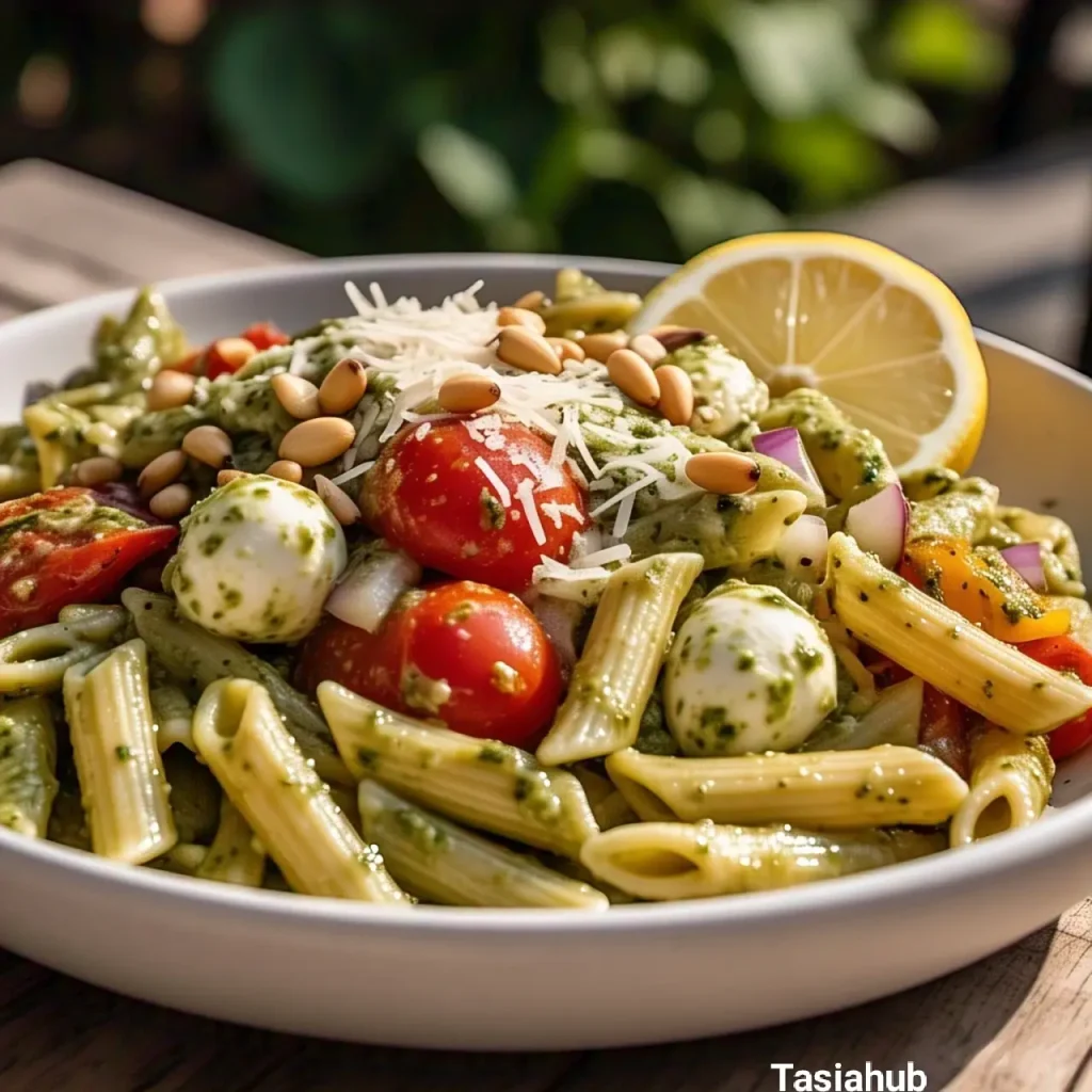 A serving of pesto pasta salad with lemon wedge