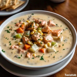 A bowl of creamy salmon chowder