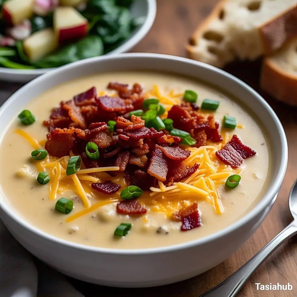 A serving of slow cooked loaded potato soup
