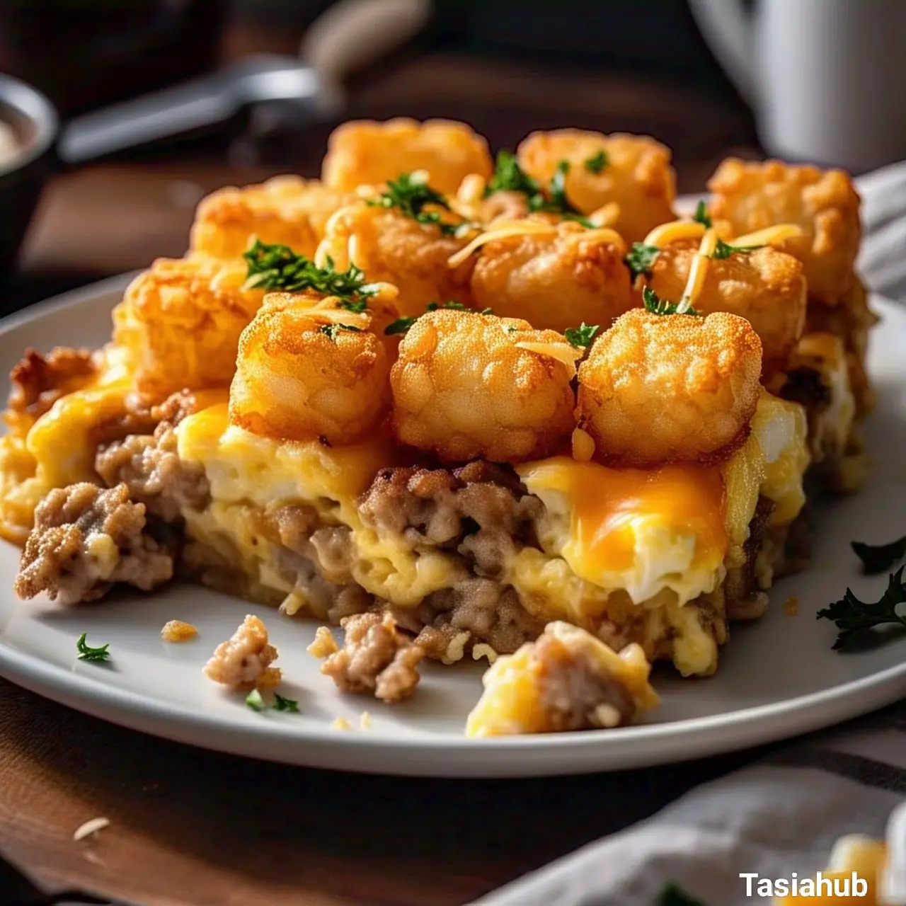A serving of tater tots breakfast casserole