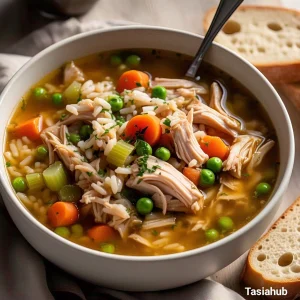 A serving of turkey soup with rice
